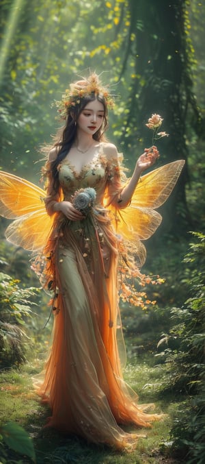 (Fairy in the forest), very delicate and soft lighting, details, Ultra HD, 8k, animated movie, soft leaf dress, wide and beautiful green forest, meadow full of flowers and birds, sunlight shining through the leaves, bright and clear picture quality, 1 cat, povpinch,spitroast,mandara_art,Animal