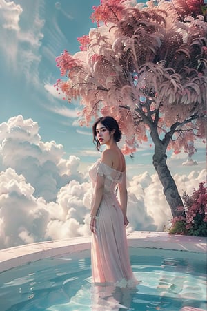 (artistic portrait:1.3),(elegant girl:1.3),(elegant posture:1.2),(clear:1.1),(light blue dress:1.2),(fashion clothing design:1.1),beautiful and delicate eyes,(happy smile:1.1),look to the lens,,cloud borne pool,(full body photo:1.16),(white clouds:1.2),(pink tree:1.2),(quiet natural water:1.1),white quartzite textured ground,(gentle sunshine:1.2),,(pink atmosphere:1.1),8k,Moody,atmospheric,painterly,fine details,cinematic composition,Warm lighting,gentle,nostalgic,flower,roses,tranquil,evocative,hazy atmosphere,a sense of solitude,dreamlike atmosphere,high level of detail,evocative color palette,8K resolution,lotus,