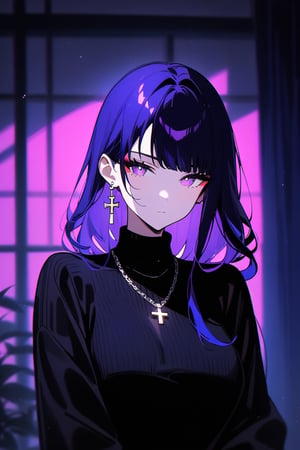 1girl, raiden_shogun, jewelry, solo, necklace, purple_hair, long_hair, black_sweater, earrings, sweater, looking_at_viewer, turtleneck_sweater, turtleneck, upper_body, purple_eyes, eyeshadow, makeup, closed_mouth, cross_earrings ,gothic theme, chromatic_aberration, masterpiece, best quality, very aesthetic, absurdres, HareS