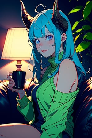 detailed cg, anime picture, shiny hair and skin, chromatic aberration, transparent background, depth of field, colorful ,cinematic light, soft lighting, glowing skin, lighting,1girl, solo, horns, long_hair, cup, blue_hair, smile, ahoge, sitting, looking_at_viewer, purple_eyes, couch, holding, sweater, holding_cup, bangs, mug, blush, heart, turtleneck, sleeveless, off_shoulder, plant, jacket, bare_shoulders, sidelocks, long_sleeves, thighs, alternate_costume, goat_horns, on_couch, closed_mouth, hair_between_eyes, green_jacket ,blurry ,portrait,blacklight