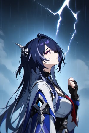 1girl, acheron \(honkai: star rail\), honkai: star rail, jewelry, solo, purple_hair, long_hair, upper_body, purple_eyes, eyeshadow, makeup, closed_mouth , chromatic_aberration, masterpiece, best quality, very aesthetic, absurdres, HareS, looking up, (raining), looking far away, ((from side)), (depth_of_field), (glitch), black_background, backlight, lightning strikes behind