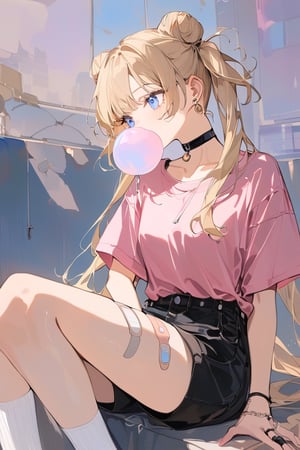 masterpiece, best quality, highres, ultra-detailed,1girl, solo, jewelry, long_hair, blonde_hair, twintails, choker, sitting, ring, pink_shirt, shirt, chewing_gum, socks, earrings, bubble_blowing, shorts, double_bun, white_socks, hair_bun, english_text, bandaid, very_long_hair, black_choker, bangs, looking_to_the_side, black_shorts, parted_bangs, kneehighs, bag, short_sleeves, casual, feet_out_of_frame, crescent_earrings, blue_eyes, collarbone, looking_away, bandaid_on_leg, crescent ,watercolor