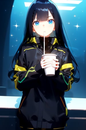 shiny hair and skin, chromatic aberration, transparent background, depth of field, colorful ,cinematic light, soft lighting, glowing skin, lighting
,1girl,solo, black_hair, long_sleeves, drinking_straw, long_hair, bangs, blue_eyes, cup, sparkle, hands_on_own_face, looking_at_viewer, blush, sleeves_past_wrists, multicolored_hair, upper_body, contemporary, jacket,watercolor