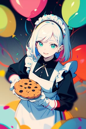 portrait, illustration, shiny hair and skin, jewelry, colorful, chromatic aberration, light particles, glowing eyes, a girl, happy, holding a plate of cookies, freshly baked, kitchen gloves, from above, green eyes, white hair, multicolored hair, maid, celebration, balloons, party, 2024