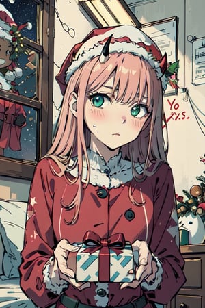expressive eyes, perfect face,  starry, stars,  shaded face, blush, bedroom, christmas, red christmas suit, christmas hat, holding a gift, little red horns, green eyes, red shading on the eyes,
