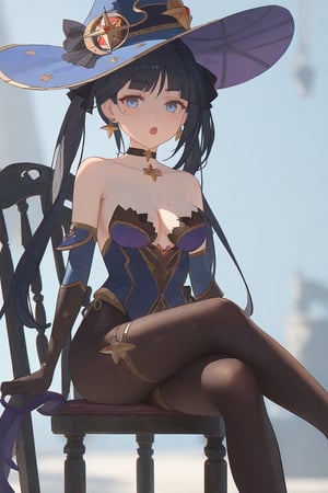 by void, by ask ,masterpiece,best quality, beautiful, aesthetic, detailed, beautiful color amazing quality, best quality, high quality, detailed shadow, aesthetic,chromatic aberration, blurry background,mona_(genshin_impact), 1girl, solo, hat, witch_hat, breasts, twintails, pantyhose, sitting, high_heels, star_earrings, choker, long_hair, looking_at_viewer, leotard, star_(symbol), jewelry, earrings, open_mouth, black_pantyhose, :o, bare_shoulders, hat_ornament, blue_leotard, detached_sleeves, crossed_legs, black_hair, chair, white_background, simple_background, thighlet, star_choker, bangs, cleavage, medium_breasts, gloves, thighs, gold_trim, blush, blue_headwear, blue_eyes, hair_ornament, collarbone, legs, ass, black_gloves, highleg, bodystocking, black_choker, elbow_gloves, highleg_leotard, HareS