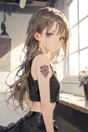 //quality, (masterpiece:1.331), (detailed), ((,best quality,)),//, portrait,/,1girl,solo,//,expressionless,//,1girl, solo, skirt, long_hair, brown_hair, looking_at_viewer, grey_eyes, tattoo, indoors, midriff, leaning_forward, tank_top, gothic theme,harev, 