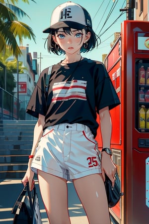 masterpiece, shiny hair and skin, transparent background, depth of field, colorful, 1girl, solo, vending_machine, hat, shorts, shirt, black_hair, bag, short_hair, white_shirt, earrings, jewelry, outdoors, bottle, socks, kneehighs, black_shorts, short_sleeves, holding, white_socks, bandaid_on_leg, leaf, day, baseball_cap, bandaid, standing, blush ,watercolor