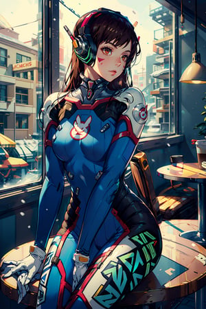 aahana, long hair, brown hair, headphone, whisker markings, shoulder pads, blue bodysuit, ribbed bodysuit, animal print, clothes writing, long sleeves, white gloves, shiny hair and skin,  1girl, coffee, , legs crossed, sitting, cafe, cup of coffee shop, window snowing, cold, from below, long hair