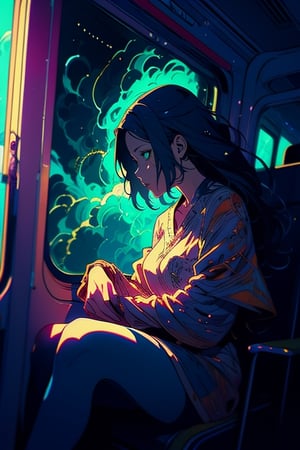 detailed cg, anime picture, shiny hair and skin, chromatic aberration, transparent background, depth of field, colorful ,cinematic light, soft lighting, glowing skin, lighting, realistic, 1girl, anime girl sitting on a seat inside a train, perfect anatomy, approaching perfection, dynamic, highly detailed, artstation, concept art, smooth, sharp focus, illustration, art by Kim Jung gi,, Artgerm, Carne Griffiths and Wadim Kashin , Sasha Yakovleva, loish, jeremy mann, lightningwave, Beautiful anime watercolor painting, victor nizovtsev, greg rutkowski, noah bradley. trending on artstation, 8k, masterpiece, fine detail, full of color, intricate detail, golden ratio illustration,Monochromatic green background
