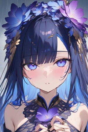 absurdres,highres,ultra detailed ,1girl, blue_eyes, hair_ornament, looking_at_viewer, blue_hair, long_hair, bangs, hair_between_eyes, hair_flower, flower, solo_focus, sweat, black_hair, colored_inner_hair, multicolored_hair, bare_shoulders, ,harevv