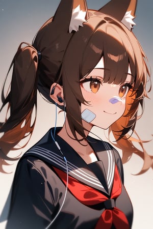 solo, earphones, 1girl, animal_ears, earbuds, upper_body, bandaid_on_face, brown_hair, twintails, school_uniform, bandaid, long_hair, fox_ears, serafuku, bandaid_on_nose, black_serafuku, extra_ears, gradient, brown_eyes, gradient_background, shirt, sailor_collar, black_shirt, black_sailor_collar, bangs, simple_background, smile, chromatic_aberration, neckerchief, looking_to_the_side, closed_mouth, looking_away, chromatic_aberration, masterpiece, best quality, very aesthetic, absurdres, HareS