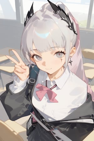 irene_(arknights),1girl, head_wings, solo, arm_behind_back, skirt, grey_hair, looking_at_viewer, long_hair, long_sleeves, jacket, shirt, school_uniform, pleated_skirt, black_jacket, grey_eyes, white_shirt, collared_shirt, indoors, :3, v, neck_ribbon, blush, desk, scar_across_eye, classroom, closed_mouth, smile, pink_ribbon, ribbon, jewelry, earrings, scar, hand_up, cowboy_shot, ponytail, blazer, school_desk, best quality, amazing quality, very aesthetic, absurdres , endou_okito,ciloranko,ask (askzy),harev, watercolor