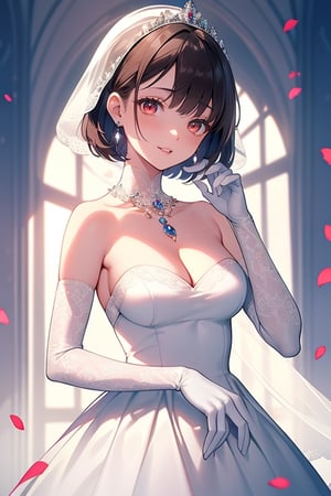 (finely detailed beautiful eyes: 1.2), (extremely detailed CG unity 8k wallpaper, masterpiece, best quality, ultra-detailed, best shadow), (detailed background), (beautiful detailed face, beautiful detailed eyes), (best illumination, an extremely delicate and beautiful), 1girl, solo, breasts, red_eyes, gloves, dress, elbow_gloves, jewelry, looking_at_viewer, smile, blush, earrings, white_dress, cleavage, white_gloves, short_hair, petals, bangs, bare_shoulders, strapless, tiara, wedding_dress, detached_collar, large_breasts, strapless_dress, brown_hair, upper_body, blurry, parted_lips, swept_bangs, hand_up, black_hair