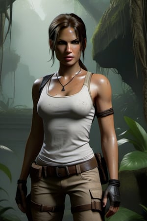 lara croft,little clothing,highly detailed, in a jungle, ruins in background.,Expressiveh