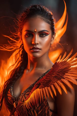 Unleash the power and mystique with an upper realistic image of a girl adorned with the fiery presence of a phoenix perched on her shoulder. The girl stands tall against a backdrop of roaring flames, creating a captivating contrast between her serene demeanor and the intense inferno surrounding her. The phoenix, with its vibrant plumage engulfed in flames, symbolizes rebirth and strength. Its piercing eyes lock with the girl's, forming a powerful connection that exudes both determination and grace. The digital painting technique used brings out intricate details, allowing the fiery feathers to shimmer and the flames to dance with an ethereal glow. The lighting accentuates the warmth and intensity of the scene, casting dynamic shadows and highlighting the girl's features. The camera perspective captures the girl in a commanding stance, showcasing her confident presence amidst the raging fire. The image is finely detailed, offering an ultra-resolution experience that immerses viewers in the mesmerizing world of fire and mythical creatures.