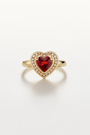 A gold ring with a red stone in a heart design, white background. 