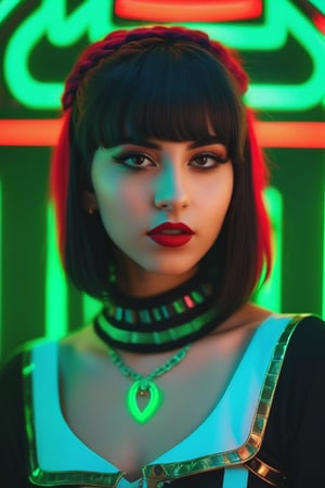 Cherry red lipstick, black eyeliner
Light on the body, really extremism, Camera flash on, A full body photo of a 19 year old girl
Brown green,, red lipstick, eyeliner
with lip piercing ،
With Iranian and Scottish race
Egyptian bangs
Bust, portrait, cyberpunk style, neon photography style, realistic