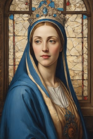 A renaissance painting of a dignified, crowned Victorian woman with a wistful smile, full face view, wearing a blue Virgin Mary headscarf, with a church window background