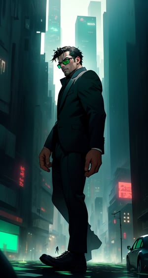 Master masterpiece, high-definition picture quality, matrix style, Matrix, ((1matureman)), the correct body proportion, black glasses, short hair, brown eyes, city, green, floating, all-black suit, dark night, buildings, Code matrix cascading from top to bottom, Cyberpunk