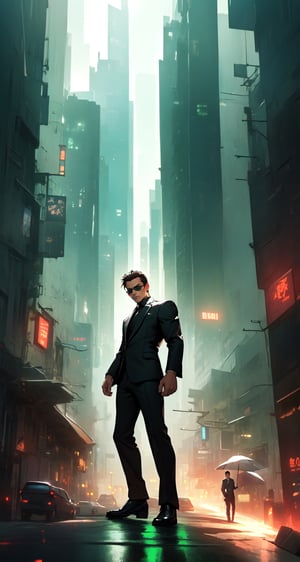 Master masterpiece, high-definition picture quality, matrix style, Matrix, ((1matureman)), the correct body proportion, black glasses, short-hair, brown_eyes, city, green, all-black suit, dark night, buildings, Code matrix cascading from top to bottom, Cyberpunk