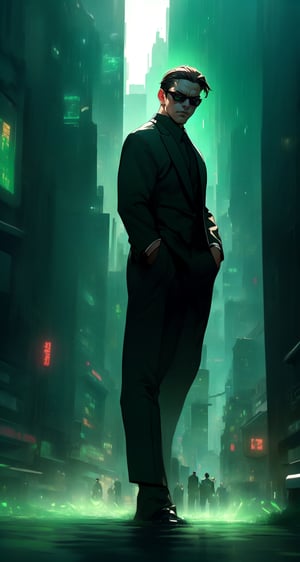 Master masterpiece, high-definition picture quality, matrix style, Matrix, ((1matureman)), the correct body proportion, black glasses, short hair, brown eyes, city, green, floating, all-black suit, dark night, buildings, Code matrix cascading from top to bottom, Cyberpunk