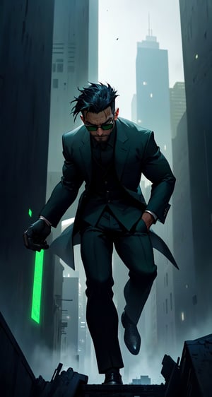 Master masterpiece, high-definition picture quality, matrix style, Matrix, ((1man)), the correct body proportion, black glasses, bown short hair, city, green, floating, all-black suit, dark night, buildings, Code matrix cascading from top to bottom, Cyberpunk