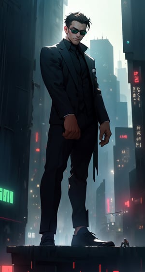 Master masterpiece, high-definition picture quality, matrix style, Matrix, ((1matureman)), the correct body proportion, black glasses, short hair, brown eyes, city, green, floating, all-black suit, dark night, buildings, Code matrix cascading from top to bottom, Cyberpunk