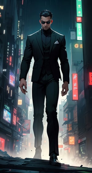 Master masterpiece, high-definition picture quality, matrix style, Matrix, ((1matureman)), the correct body proportion, black glasses, short-hair, brown_eyes, city, green, all-black suit, dark night, buildings, Code matrix cascading from top to bottom, Cyberpunk