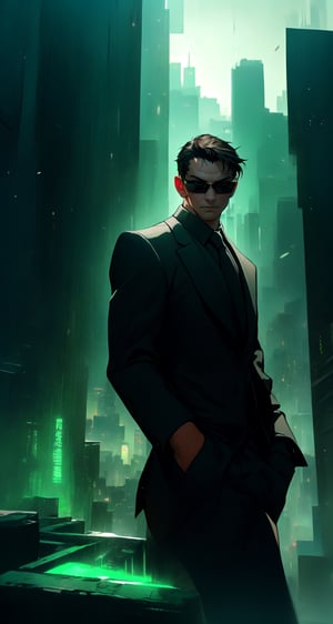 Master masterpiece, high-definition picture quality, matrix style, Matrix, ((1matureman)), the correct body proportion, black glasses, short hair, brown eyes, city, green, floating, all-black suit, dark night, buildings, Code matrix cascading from top to bottom, Cyberpunk