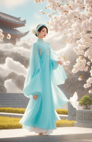 1girl, solo, hair ornament, bug, braid, jewelry, long hair, white hair, flower, earrings, long sleeves, dress, cloud of surrounding, building from afar, white skin, sunlight, sunshine,

wearing ao dai, white ao dai,
long white legs showing from the skirt, showing all the way to the waist, slit skirt revealing long legs, sexy legs, white legs, exposing many areas of the legs from ankles to abdomen,

ornament, chakra, (( beautiful eyes )), full_body, small flowers in the hair, (((korean face female))),
,mythical clouds, realistic, ,xxmixgirl,3d figure,korean girl,3d style,
cinematic film still (Raw Photo:1.3) of (Ultrarealistic:1.3), different posture, up arms, ((arms up), fantasy, concept art,NYFlowerGirl, arms up,hands touch softly you face, close up, Small cherry blossoms flew everywhere, the wind blew away the girl's clothes,
