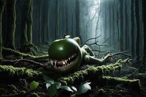 In a dense, fog-shrouded forest, a hyperrealistic photography captures a haunting scene: a grotesque, apple-like monster lies sprawled on the forest floor, its core transformed into claw-like branches that reach for the air. The creature's (((Shiny eyes))) gleam with an unearthly intensity, while its (((sharp teeth))) appear poised to strike. Amidst the fallen leaves and moss-covered terrain, a sense of foreboding settles over the viewer, as if placed in a position of vulnerability alongside this unsettling, anthropomorphic being.