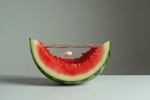 Close-up shot of a sliced watermelon, its outer rind intact, showcasing a surreal transformation: within the flesh lies a transparent aquarium, teeming with two small goldfish swimming amidst gentle ripples on the water's surface. Soft light illuminates the hyper-realistic details of the watermelon's texture and the fish's delicate movements against a minimalist gray backdrop, highlighting the striking contrast between natural and artificial elements.