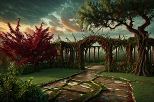 Frame a desolate, once-vibrant garden, now overgrown with twisted vines and crimson-leafed flora. Photorealistic rendering captures every detail: rusty irrigation pipes, weathered stone paths, and decaying trellises. Against this eerie backdrop, a lone, gnarled tree stands sentinel, its branches tangled in a morass of red-leafed foliage. A faint, sickly green glow seeps from the earth, casting an otherworldly light on this forsaken paradise.