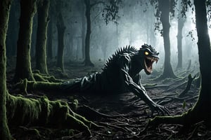 In a dark, foggy forest, a hyperrealistic photography captures an eerie and horror-filled scene: a twisted, apple-like monster creature sprawls across the forest floor, its core now home to claw-like branches that grasp at the air. (((Shiny eyes))) glimmer with an otherworldly intensity, while (((sharp teeth))) seem ready to strike. The fallen leaves and moss-covered ground create an atmosphere of foreboding, dark, eerie as the low-angle shot places the viewer in a position of vulnerability alongside this unsettling, anthropomorphic being.