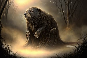 A majestic Nutria emerges from a misty forest glade, illuminated by a soft, ethereal glow. The camera frames her regal visage, with eyes aglow like lanterns in the dark. Her fur shines like polished obsidian, and a wispy aura surrounds her as she stands tall, one paw raised in defiance against the forces of darkness.