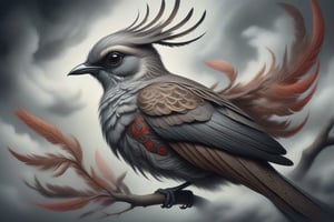 A mesmerizing abstract illustration of a Grayish Baywing bird perched on tree branches amidst swirling clouds. The bird's brownish-gray plumage shines with reddish-brown wing feathers, black eyes, and short stubby beak. Against a muted gray background, the illustration bursts with colorful vector shapes, bold lines, and detailed textures. Sharp details and intricate patterns dance across the composition, evoking Bauhaus aesthetics and 2004's visual style. A masterpiece of ink art, reminiscent of David Carson, Eddie Opara, and Michael Bierut's design philosophies.
