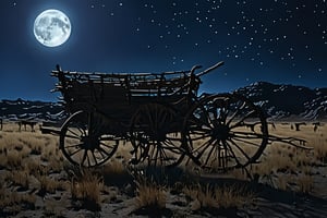 A lone cart, devoid of its former burden, traverses a desolate, moonless night. The cart's wooden slats are eerily adorned with a ghostly outline of skeletal remains, a haunting reminder of the absent oxen that once pulled it. Shadows dance across the barren landscape as the cart moves forward, leaving an unsettling trail in its wake.