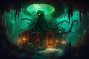 A dark, ominous underwater lair, with ancient ruins covered in coral and seaweed, lit by flickering bioluminescent creatures. In the center, Cthulhu's massive, tentacled head rises from the sand, eyes glowing with malevolent green light, surrounded by a halo of eerie mist.