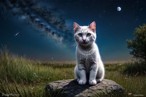 a white little cat looking at the stars in the moon, digital art