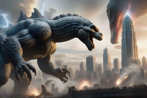 A cinematic showdown! A cityscape at dusk, with towering skyscrapers and a sprawling metropolis in the background. In the foreground, Godzilla, King Kong, and T-Rex face off in an epic battle. Godzilla's atomic breath illuminates the darkening sky, while King Kong's massive fists crackle with electricity. The T-Rex roars, its sharp teeth bared in defiance. The camera captures the chaos from a low angle, emphasizing the enormity of the behemoths as they clash in a frenzy of destruction and mayhem.