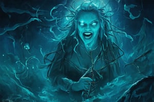 A hauntingly lit underwater scene: a grotesque, repulsive witch emerges from the dark depths of the ocean, her bulbous eyes glowing like bioluminescent orbs amidst swirling seaweed. Her warty skin glistens with oily sheen as she cackles maniacally, her twisted fingers grasping a rusted fishing net. The dim blue light of the ocean's twilight casts long shadows behind her, making her monstrous form seem even more ominous.