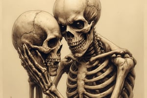 Sepia toned pencil drawing of a skeleton holding a human head looking at camera, angry facial expression, very elaborate and detailed, very fine intricate details, very contrasting shadows, very strong overhead lighting, no noise, 2k resolution, very focused, strong left side lighting, very contrasting shadows