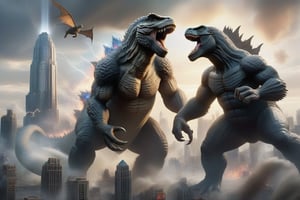 A cinematic showdown! A cityscape at dusk, with towering skyscrapers and a sprawling metropolis in the background. In the foreground, Godzilla, King Kong, and T-Rex face off in an epic battle. Godzilla's atomic breath illuminates the darkening sky, while King Kong's massive fists crackle with electricity. The T-Rex roars, its sharp teeth bared in defiance. The camera captures the chaos from a low angle, emphasizing the enormity of the behemoths as they clash in a frenzy of destruction and mayhem.