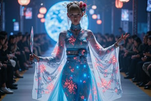 A futuristic fashion runway concept with a beautiful Caucasian woman in the center. She is wearing a traditional Japanese kimono witha futuristic twist. The kimono is made of translucent, glowing fabric and features wide, flowing sleeves, an elegantly tied obi sash, and a floor-length skirt. The garment is intricately embedded with LED patterns that showcase traditional Japanese motifs such as cherry blossoms, waves, cranes, and bamboo. The dress also has an ethereal, complex asymmetric blue pattern that glows and projects across the entire outfit. She has platinum blonde hair styled with straight bangs and an intricate braided hairstyle featuring a diamond pattern and multiple small braids. She is adorned with a large, gorgeous choker, and a floral headdress featuring an abundance of flowers in various colors. In her hand, she holds a traditional Japanese fan,kimonoFT,noc-futuristic,Mecha
t.,ct-chasartre,ct-bustyy2,ct-kbright,ct-chainb,ct-biskitity,ct-rosity,ct-smeraldity,ct-hyuntity,ct-leetity,ct-arix,ct-savaga,ct-muun,ct-vituajis,ct-identityV2