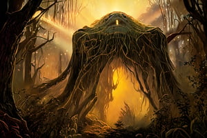 A mystical forest glows with an otherworldly aura as Nutria, a legendary warrior, stands tall amidst ancient trees. Golden light filters through the canopy above, casting a warm glow on her regal visage and armored form. Her eyes burn with an inner fire, a fierce determination to vanquish darkness. In the background, eerie mist swirls around gnarled branches, foreshadowing the epic battles ahead.