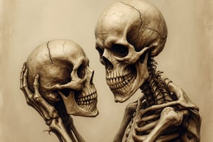 Sepia toned pencil drawing of a skeleton holding a human head looking at camera, angry facial expression, very elaborate and detailed, very fine intricate details, very contrasting shadows, very strong overhead lighting, no noise, 2k resolution, very focused, strong left side lighting, very contrasting shadows