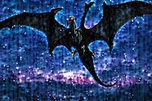 A pterodactyl with a very large wingspan looks sinister soaring through the skies at night