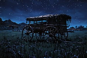 A cart without oxen travels on a dark and lonely night and the cart instead of footprints has a skeleton of what was once oxen skeletal effects