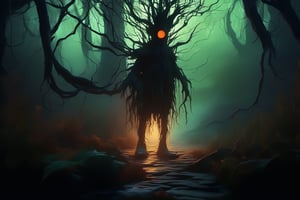 A humanoid mutant carrot, carrot, stands amidst a dark and eerie forest at dawn. The character's grotesque features are illuminated by an unsettling greenish glow emanating from the surrounding foliage. Zanahoria wears a clown's shoes, adding to the sense of unease. Its sinister face is contorted in a perpetual scowl, as if plotting malevolent deeds. The camera frames this bizarre scene with a low-angle shot, emphasizing carrot's imposing presence amidst the mist-shrouded trees.